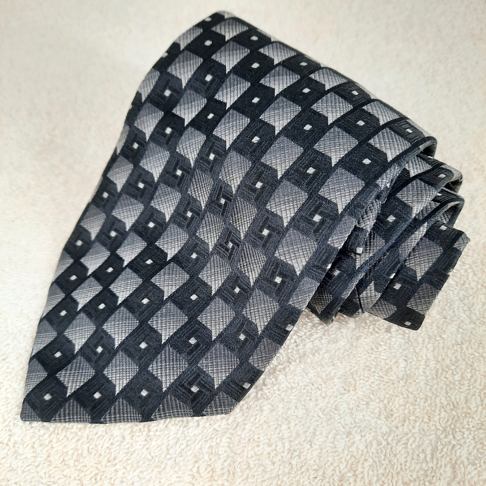 New Pronto Uomo Firenze Black Gray Patterned Silk Men's Tie Made In Italy